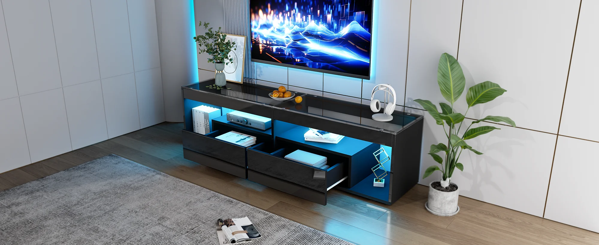 Hochglanz-LED-TV-Schrank, geeignet für Fernseher bis zu 70 Zoll, schwarzer Wohnzimmer-TV-Ständer mit 2 Schubladen, TV-Konsolentisch für das Wohnzimmer. – Detail 9