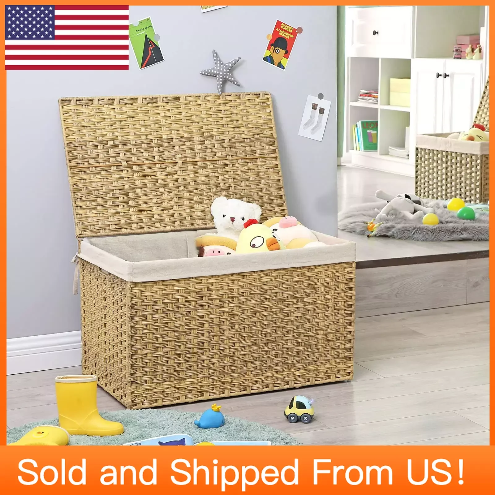 

Woven Storage Basket with Lid - 42.3 Gallon (160L), Natural, Handles, Removable Liner