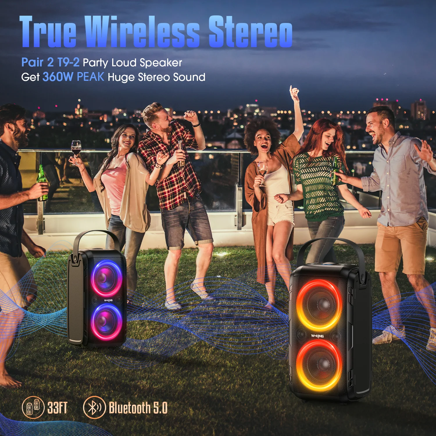 W-KING Portable Bluetooth Speakers 80W RMS Party Wireless Boombox/4 Drivers(2*4.04'' Woofer), Huge 105dB Sound 24H Playtime 5