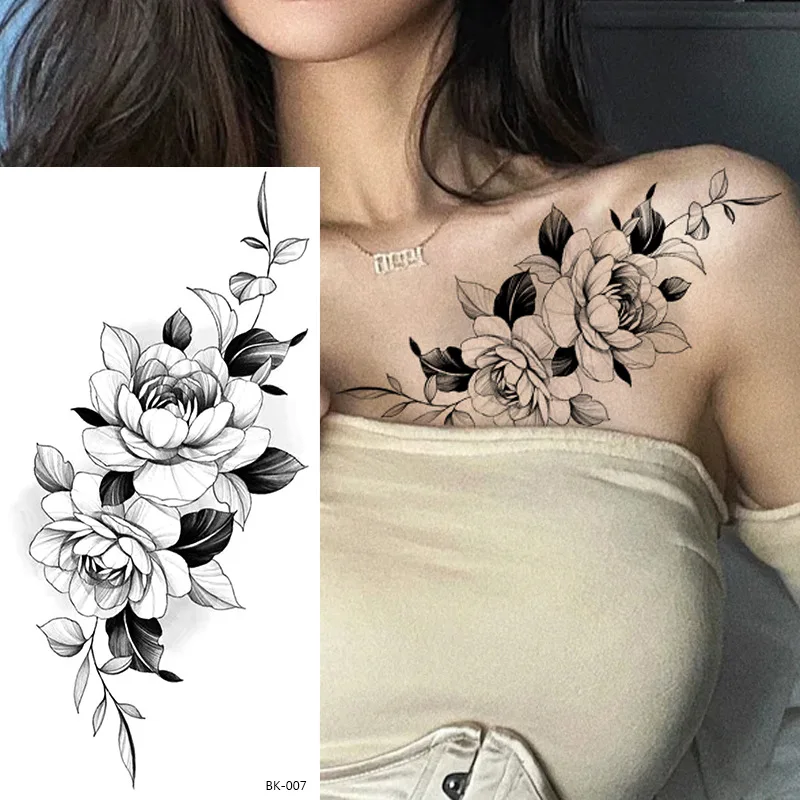 Sketch Flowers Sketch Tattoo Rose Blossoms Black and White Flowers Temporary Tattoos Sticker size: 2