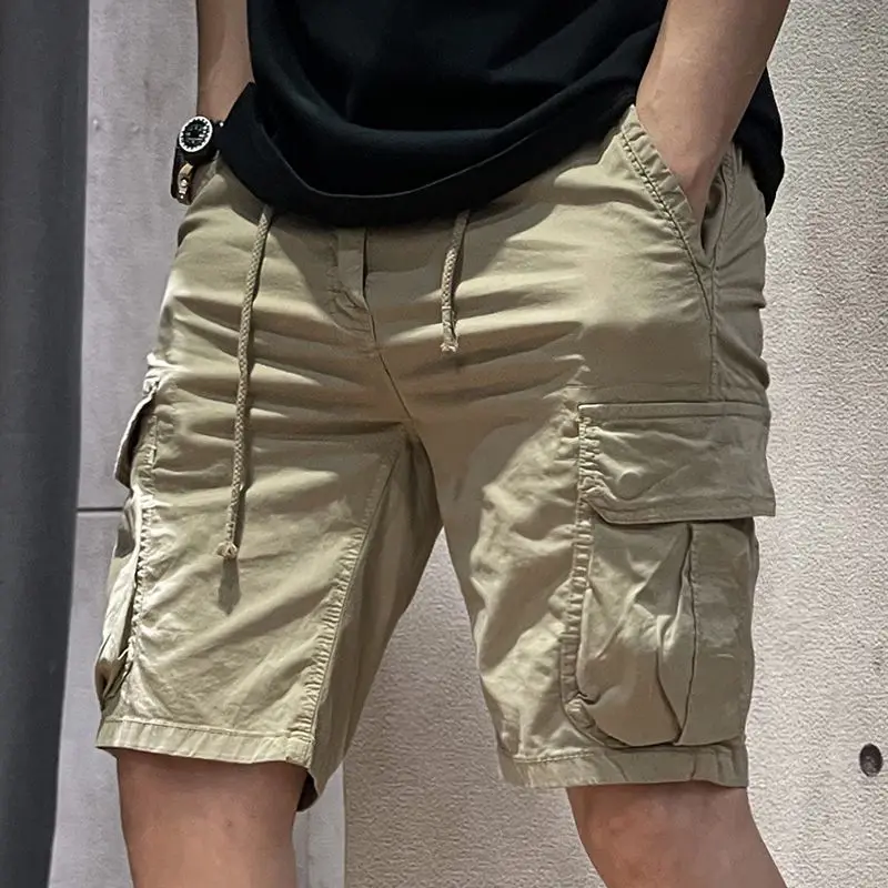 thumbnail image 1 of Pantalones cortos cargo para hombre con cordón ajustable, color caqui liso, elásticos, con bolsillo frontal, bermudas anchas de nailon de lujo para hombres grandes y altos, 1 of 5