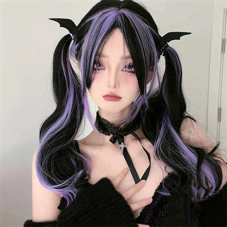 Synthetic Black Purple Long Wavy Wig for Women Cosplay Party