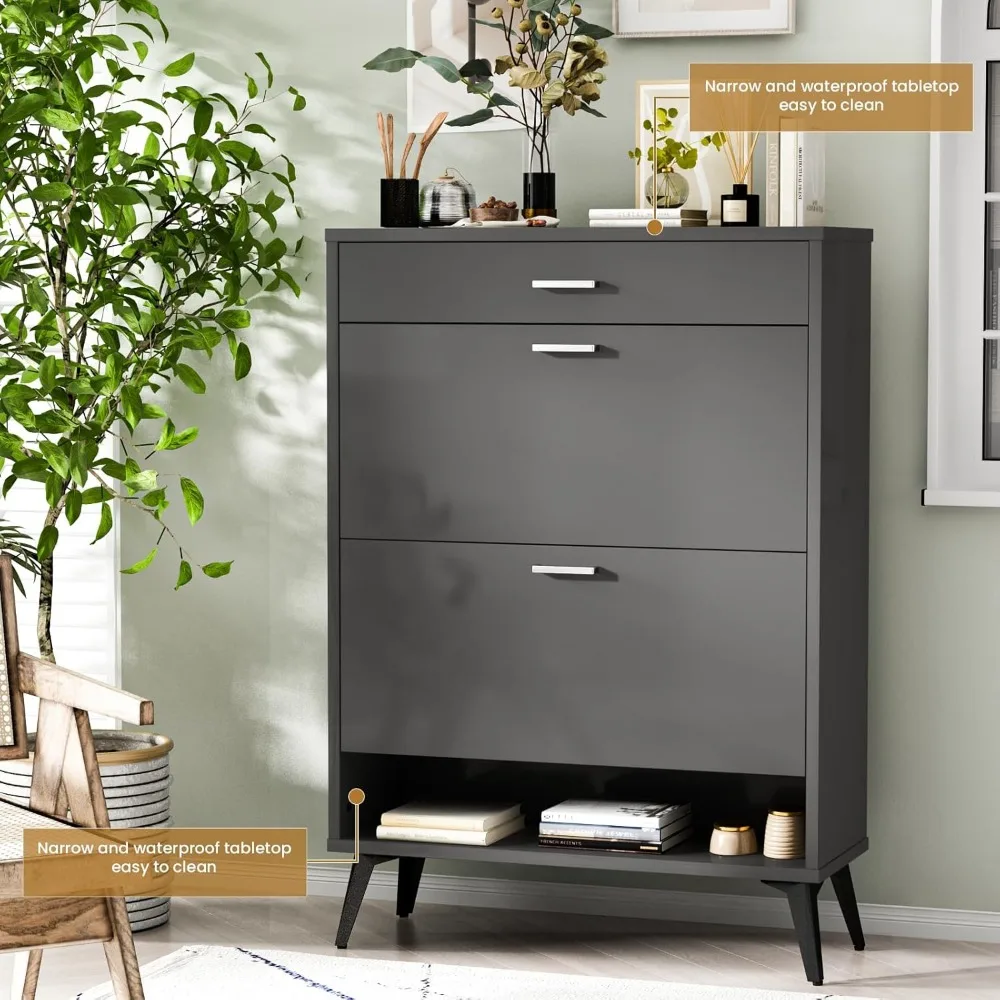 Shoe Storage Cabinet for Entryway, Free Standing Shoe Organizer with 2 Flip Drawers,Hidden Shoe Rack Storage Organizer 6