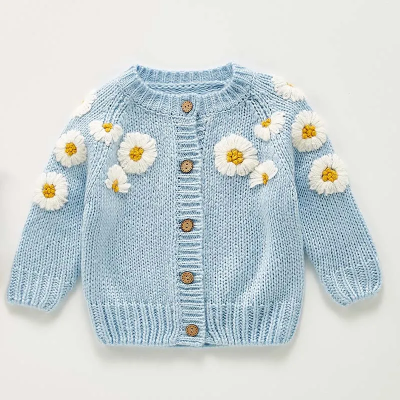 Autumn Newborn Girls Cardigan Sweater Coat Infant Girls Long Sleeve Daisy Flower Top Toddler Baby Girl Clothes Embroidered Coats baby girls sweater