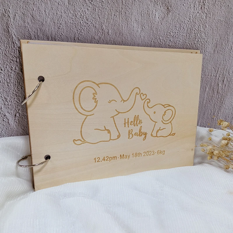 Personalized Baby Shower Guestbook Cute Elephant Wooden Guest Book DIY Cartoon Album Baptism Event & Party Decor Baby Gifts