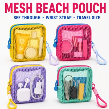 Small Mesh Beach Pouch Clear Cosmetic Bag with Detachable Wrist Strap Travel Organizer for Sunscreen Keys Cables