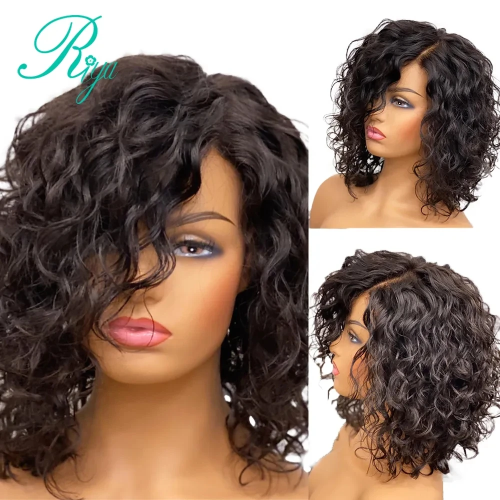 Human Hair Wig Lace Front Wig Human Hair Wigs Front Lace Wig 4X4 Closure Lace Wig Pixie Short Curly Bob Cut Blunt Lace Closure Human Hair Wigs For Black Women Remy Preplucked Brazilian Riya