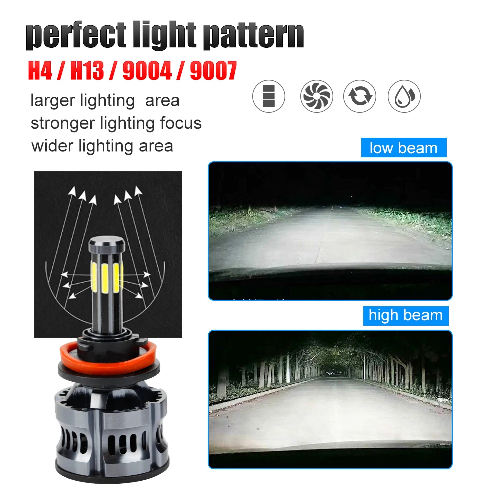 OKEEN 2pcs High Power Canbus 200W Auto Lamp H1 LED H7 H8 H9 9005 9006 H11 H13 9007 9008 Led Headlight Bulbs H4 8Sides Car Light