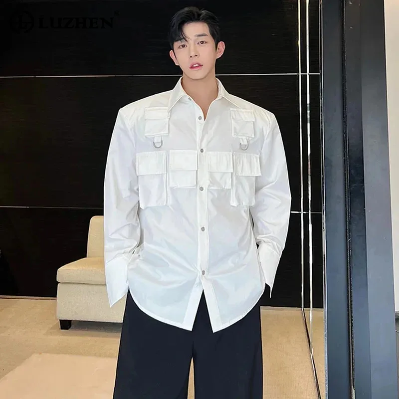 

LUZHEN Personalized Trendy Multi Pockets Splicing Design Long Sleeved Shirts Spring New Fashion Handsome Street Men Tops LZ3320