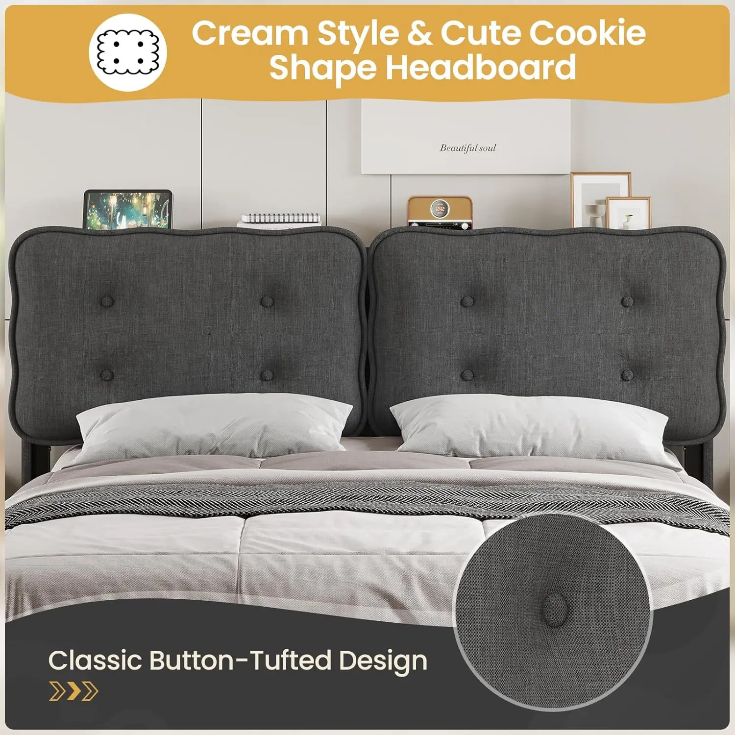 King Size Upholstered Headboard with Storage Linen Tufted King Size Headboard Only Modern Biscuit Shape with Ad