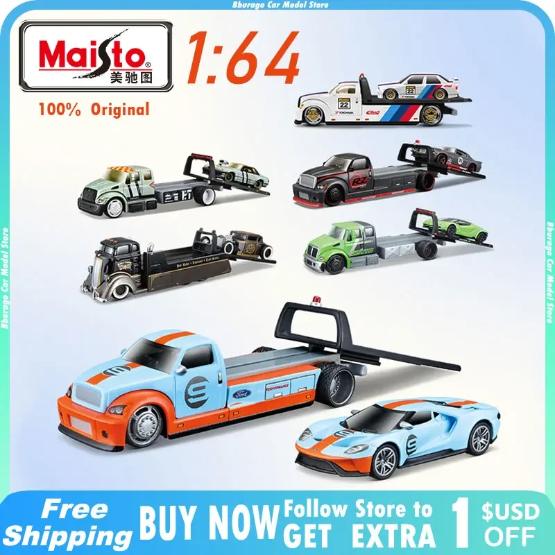 Maisto 1:64 Ford Chevrolet Trailer Ramp Truck Model Car Transport Pressofusione Car Model Collection Gift Toy Display Kit