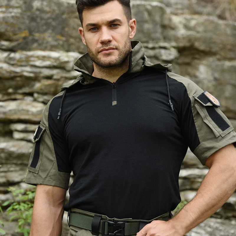 HAN WILD Cotton Shirts Tactical Shirt for Men Combat T-shirt Wear Resistant Airsoft Camping T-shirts Hooded Hiking Hunt Clothes