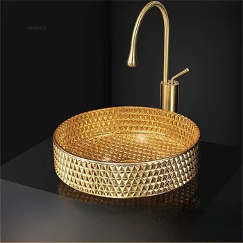 อ่างล้างหน้าหรูหราเคลือบด้วยไฟฟ้าหล่อขึ้นรูปด้วยวิธี Die-casting ทำจากกระจกศิลปะ สำหรับห้องน้ำในบ้าน ระเบียง รูปทรงกระบอก คริสตัล วางบนเคาน์เตอร์ 1