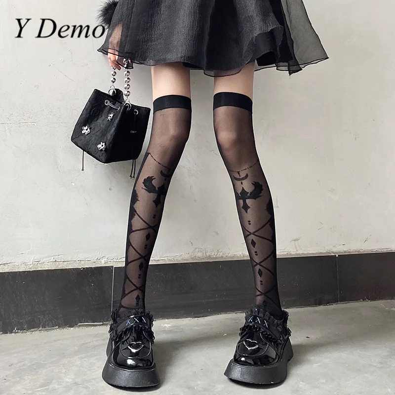 

Y Demo Gothic Knee Transparent Socks Women's Fashion Black Cross Printed Lolita Stockings Sexy