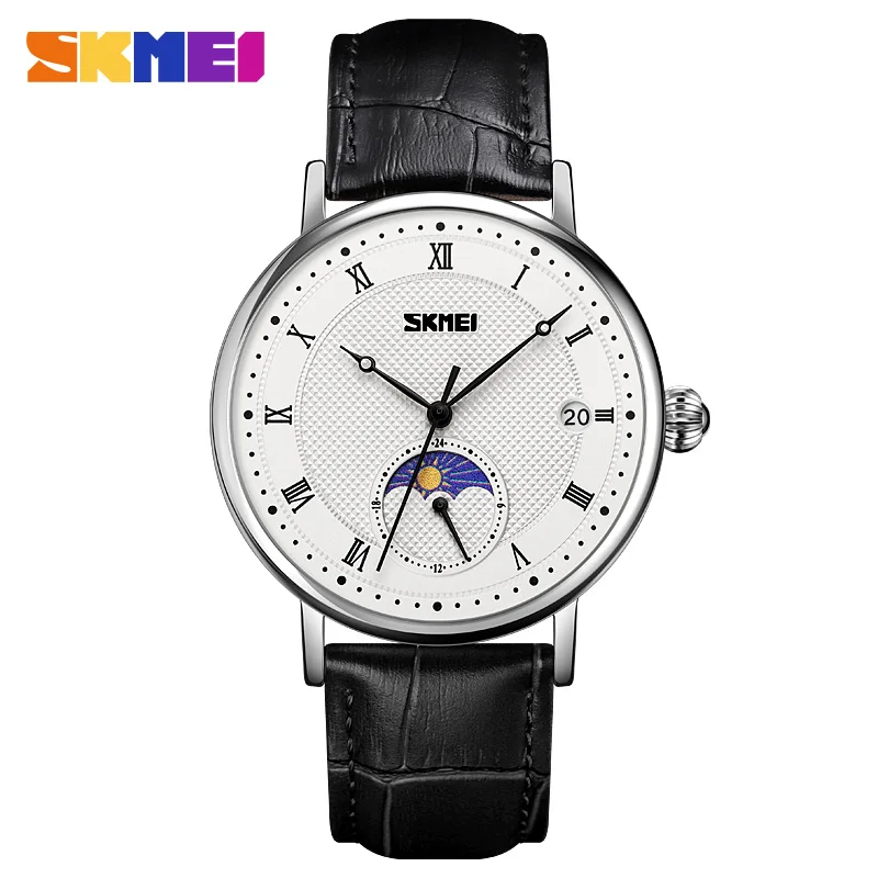 

SKMEI New Japan Quartz Movement Moon Phase Watches Mens Waterproof Stopwatch Genuine Leather Male Wristwatch relogio masculino