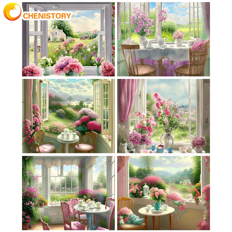 

CHENISTORY Painting By Numbers Handpainted Picture Landscape Drawing Window Flower DIY Pictures By Numbers Home Decor