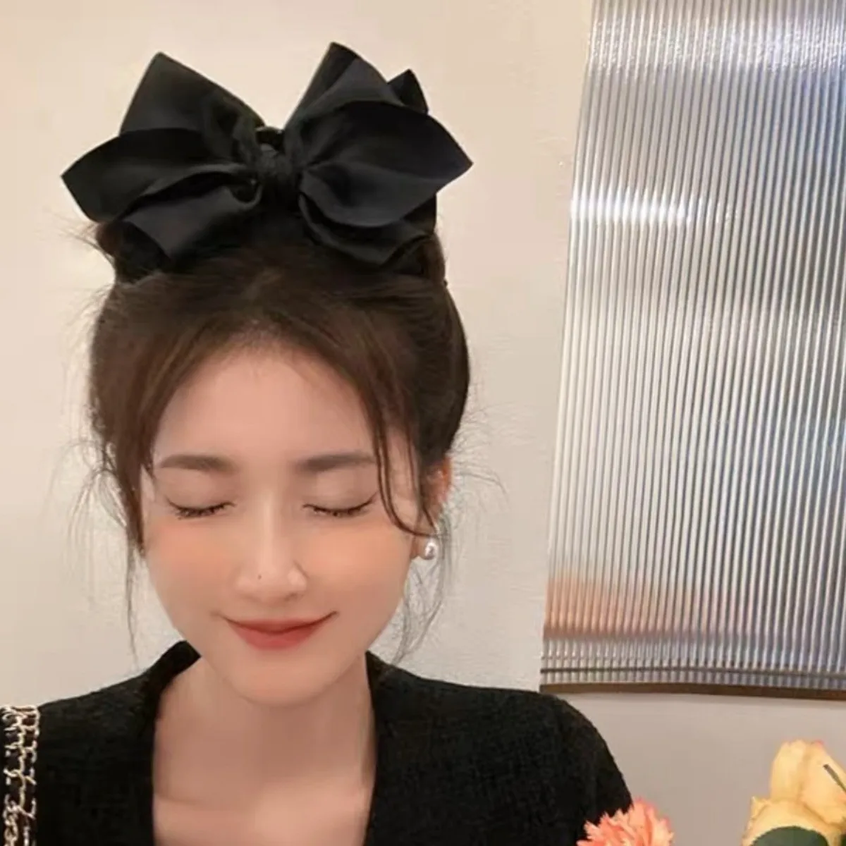 Elegant Solid Black and White Large Bow Hair Clip