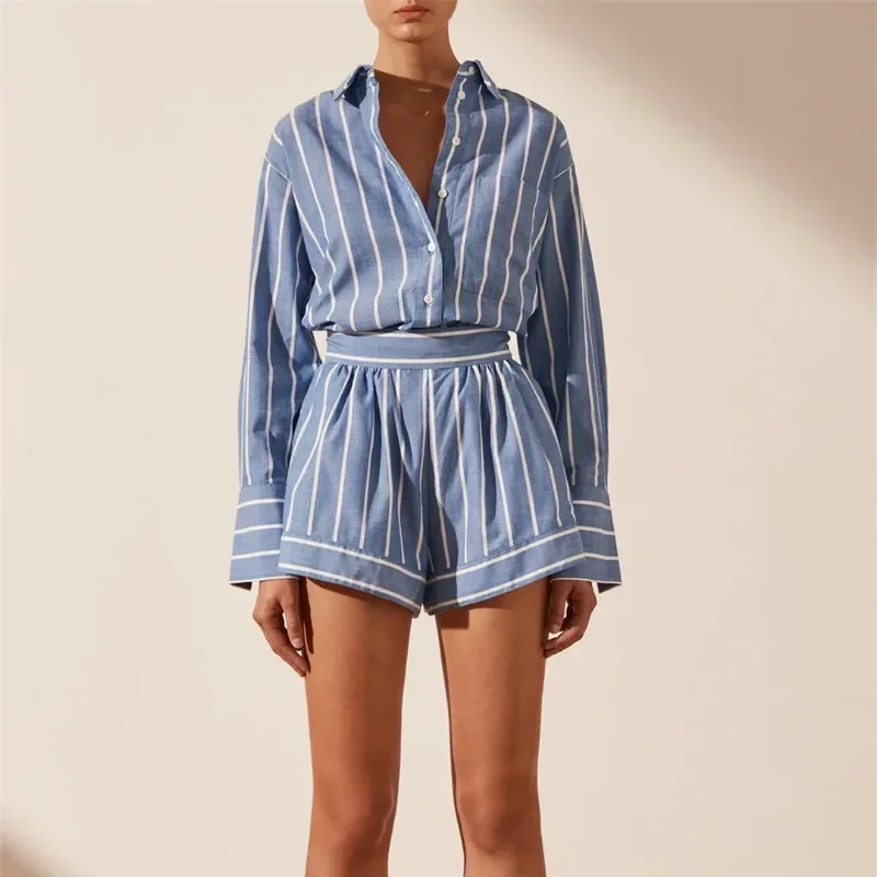Blue Stripe Panel T-Shirt & Shorts Set – Deolinda SS26 In Stock Now