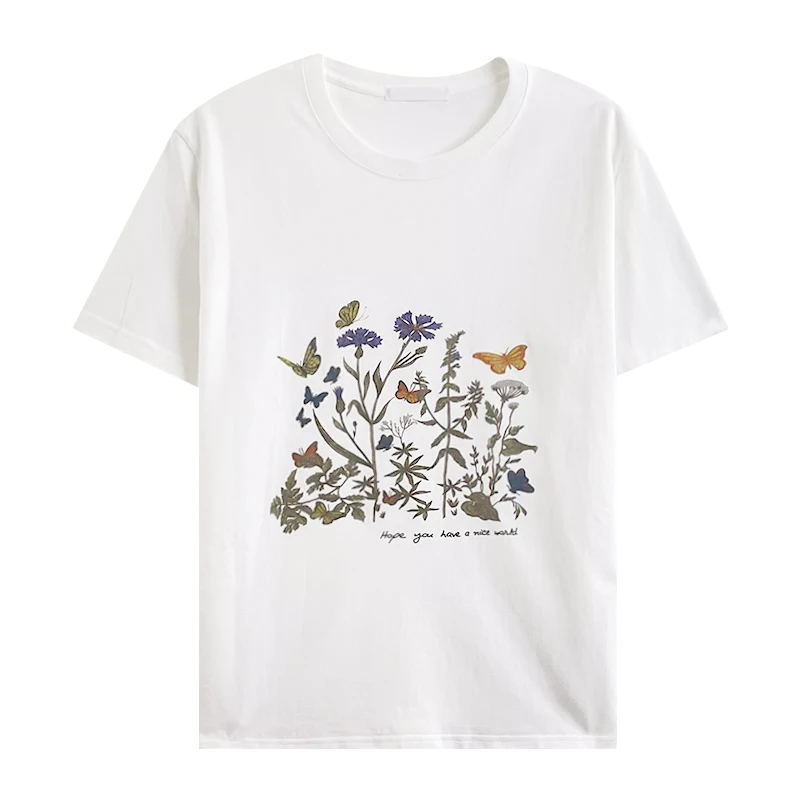 

Floral Butterfly Print Loose Cotton Round Neck Short Sleeve T-Shirt