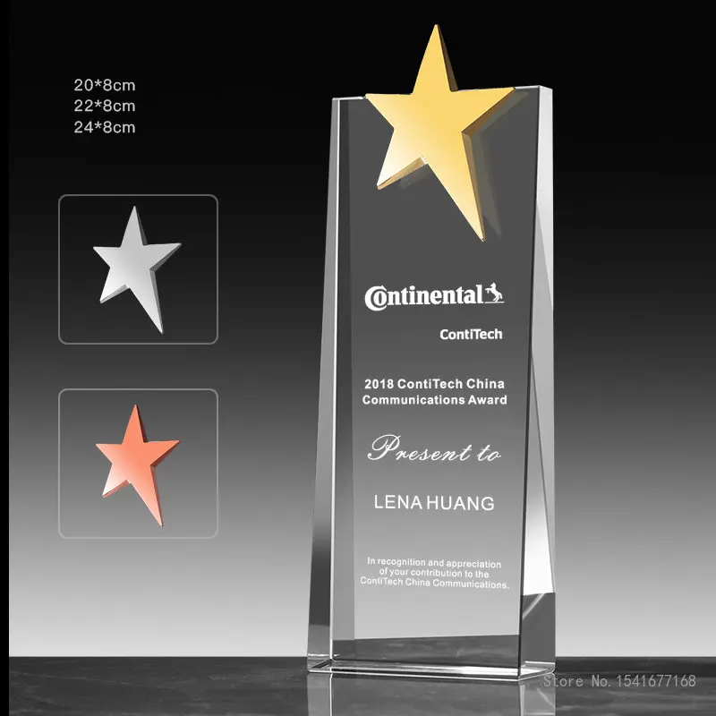 1pc Metal Five pointed Star Diamond Crown Bevel Crystal Trophy Customized Lettering Color Printing Award Home Decor Trophy