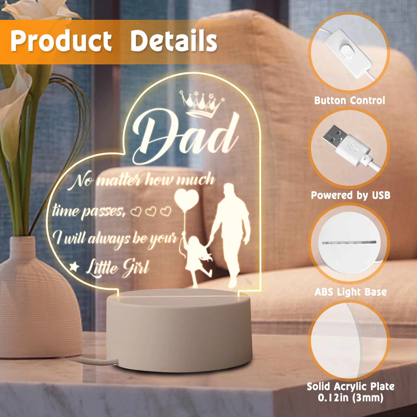 Father's Day Birthday Thanksgiving Gifts for Dad from Daughter Son Personalized Acrylic 3D LED Night Light Bedroom Decoration night lights for adults