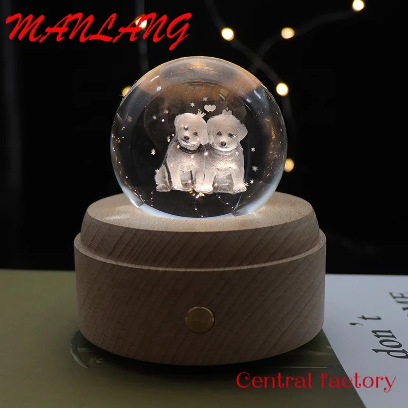 

Custom 2022 Puppy 3D Crystal Ball Night Light Led Kids Lamp Gift Dimmable Wooden Light Base With Music Box