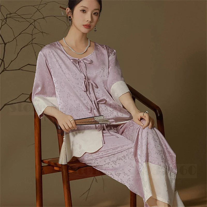 New Chinese Style Female Pajamas Set pyjama Elegant Jacquard Satin ...