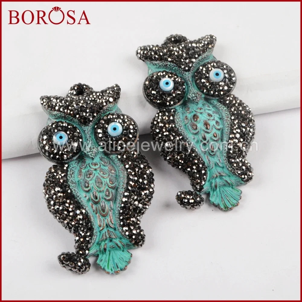 

BOROSA New Arrival Owl Carved Bronze Charm Druzy With Crystal Rhinestone Pave Charm Bead Pendant for Jewelry Making JAB745