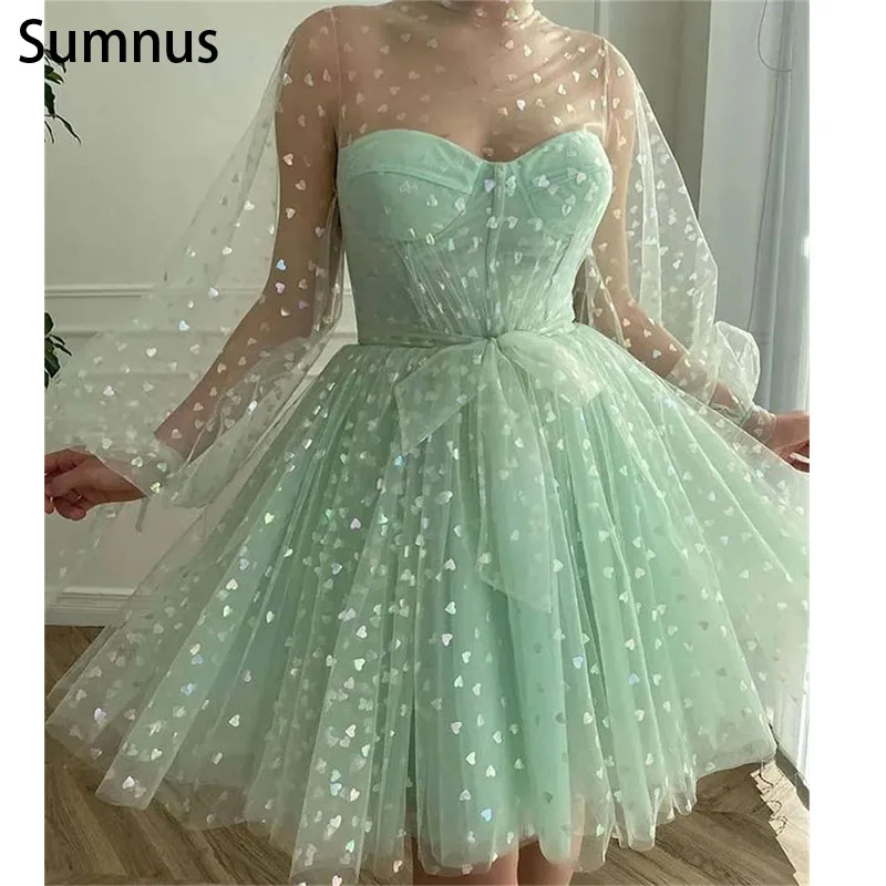 

Sumnus Mint Green Short Tulle Prom dresses 2022 Keen Length Puff Sleeves Party Dresses Special Occasion Graduations Dresses