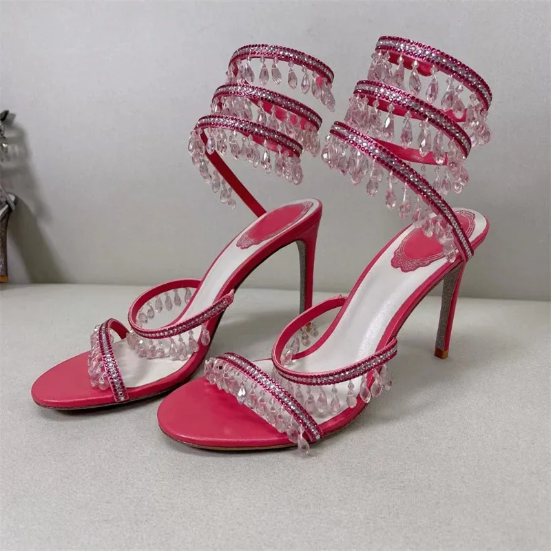 

Summer High Heels Sandals Women Rhinestone String Bead Ankle Snake Twine Around Wedding Shoes Lady Gladiator Sandals Woman