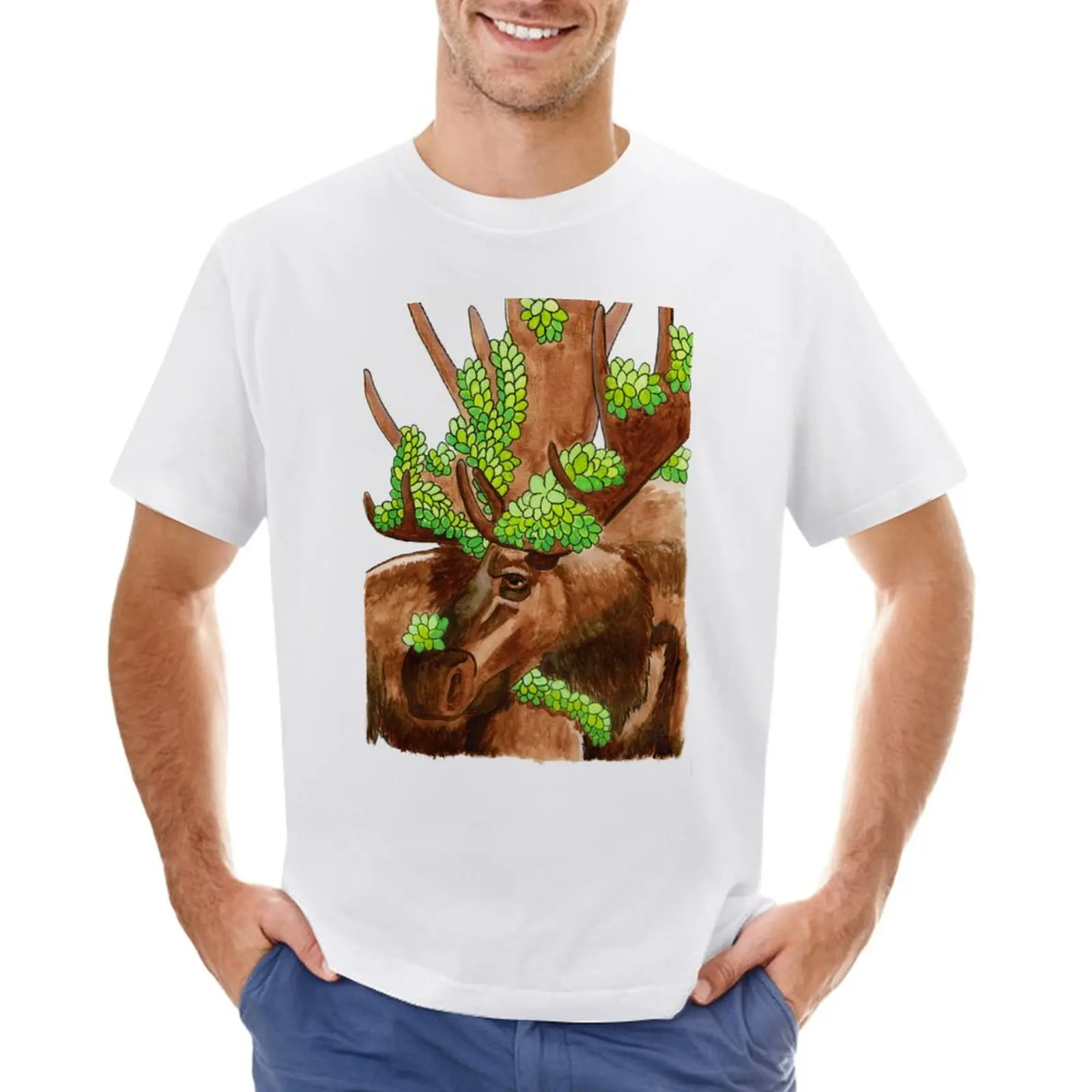 

Moose with Succulents T-Shirt anime clothes Aesthetic clothing mens white t shirts