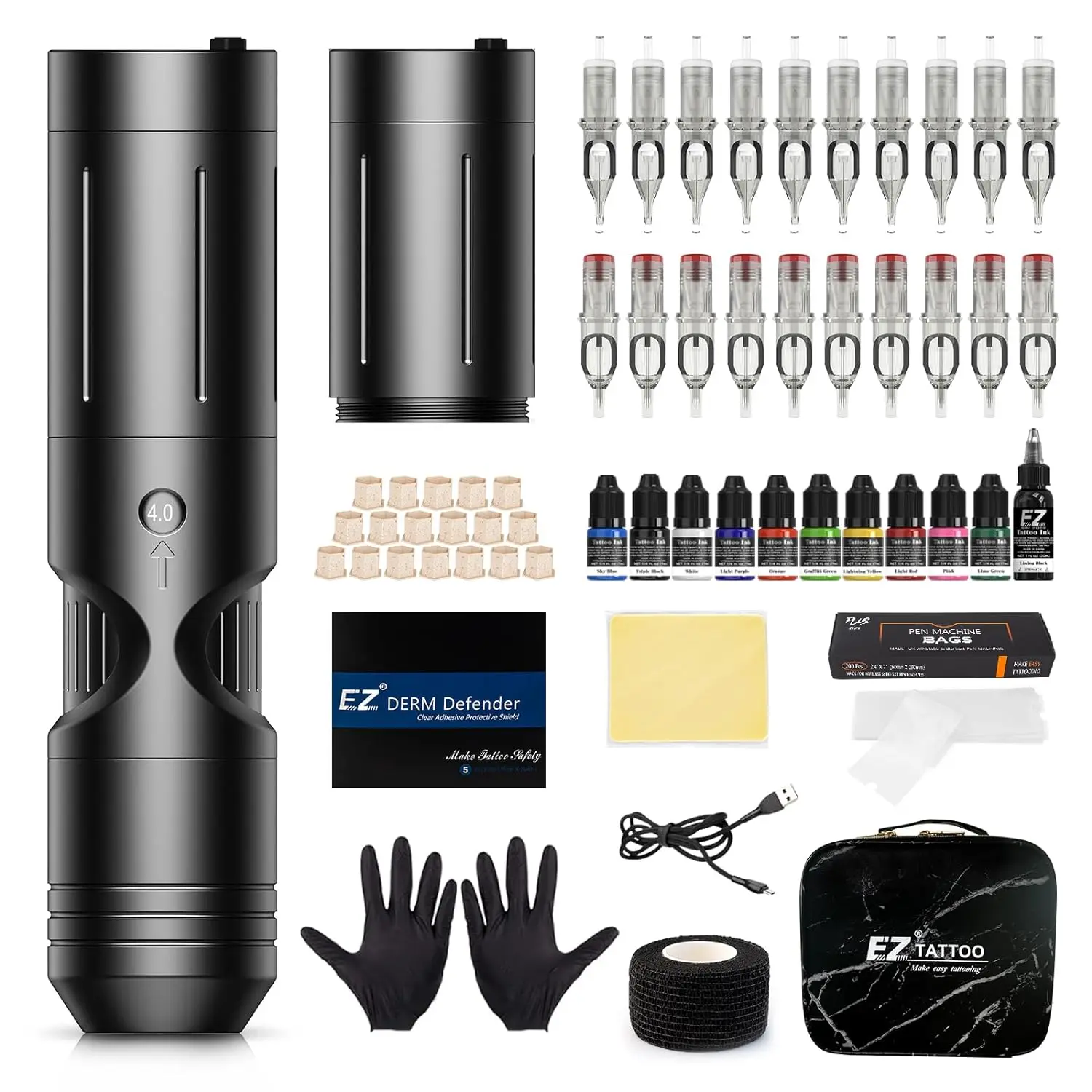 EZ P3 Wireless Tattoo Machine Pen Kit 6 Adjustable Stroke 2.5mm-4.0mm 2000mAH Swiss Motor for Cartridge Tattoo Needles tattoo supplies tattoo kit