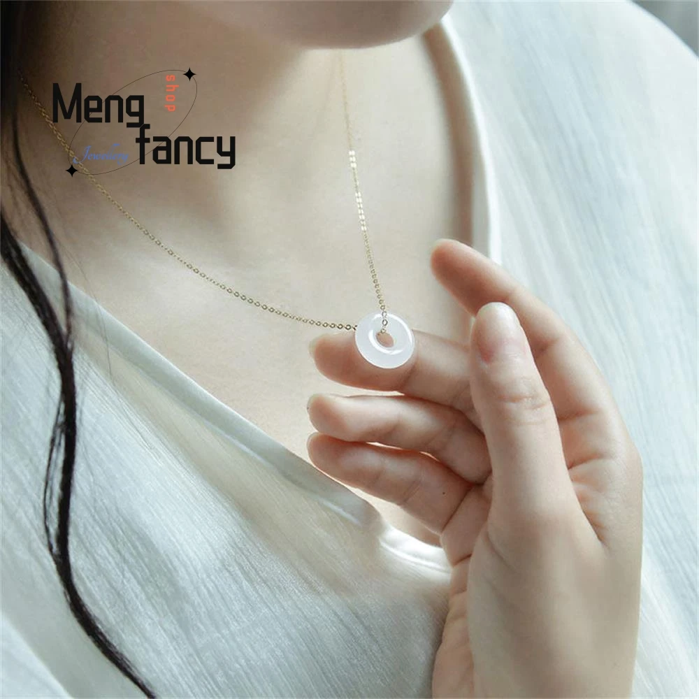 Natural Hetian White Jade Safety Buckle Clavicle Chain Women Mascot Jewelry Couple Gift