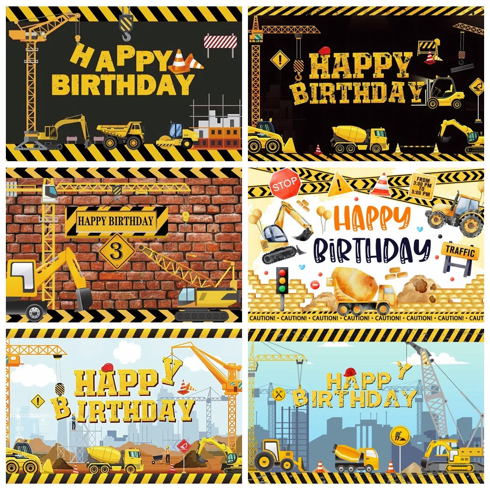Construction Team Backdrop for Boys Birthday Party Excavator Crane Traffic Truck Baby Shower Kids Photography Background Decor