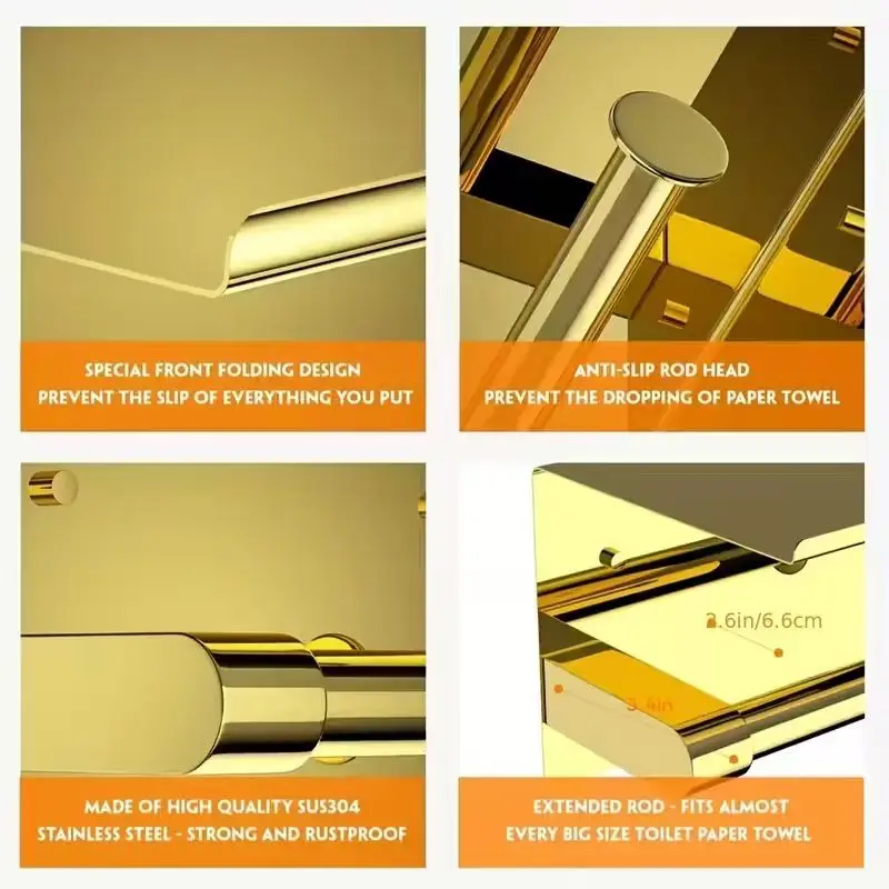 Luxurious Golden Toilet Paper Holder with Phone Shelf - 304 Stainless Steel, Polished Self-Adhesive Wall Mount, No-Drill Install