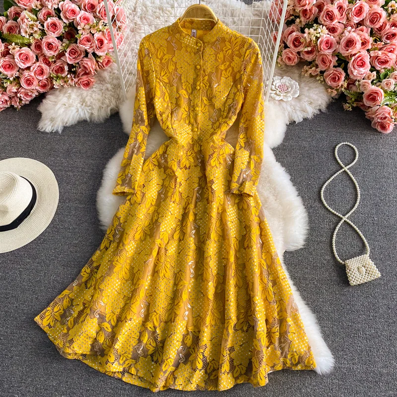

Spring Vintage Hook Flower Hollow Out Lace French Elegant High Waist Large Swing A-line Dresses