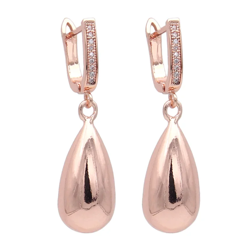 S&Z DESIGN New Fashion Smooth Water Drop Metal Dangle Earrings For Women Girl 585 Rose Gold Color Cubic Zirconia Jewelry Gift