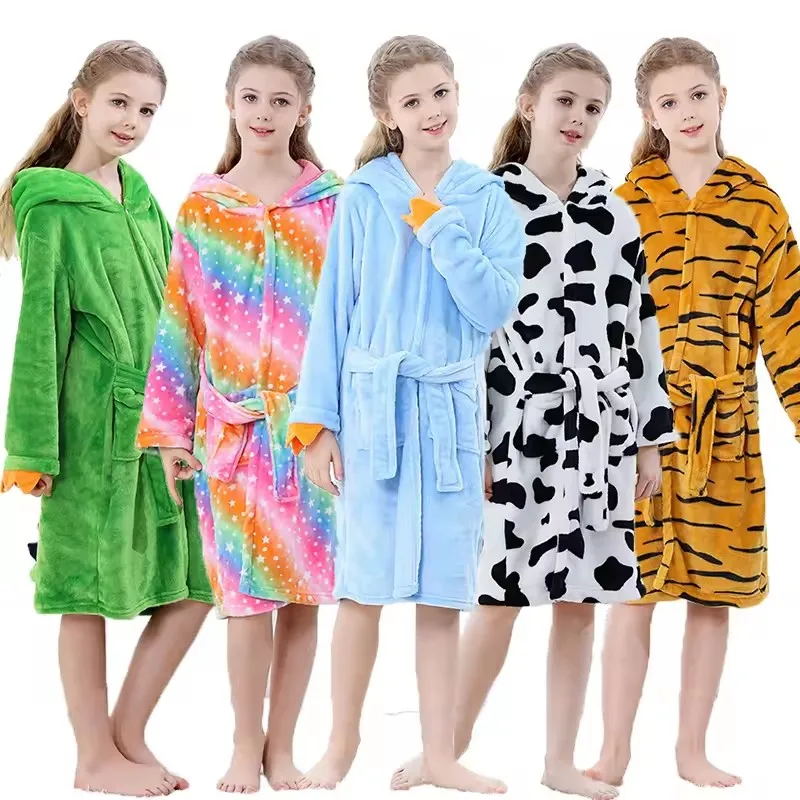 Children Bath Robes Flannel Winter Kids Sleepwear Robe Girl Pijamas Nightgown Boys Animal Hooded Pajamas 3-13 Years Baby Clothes