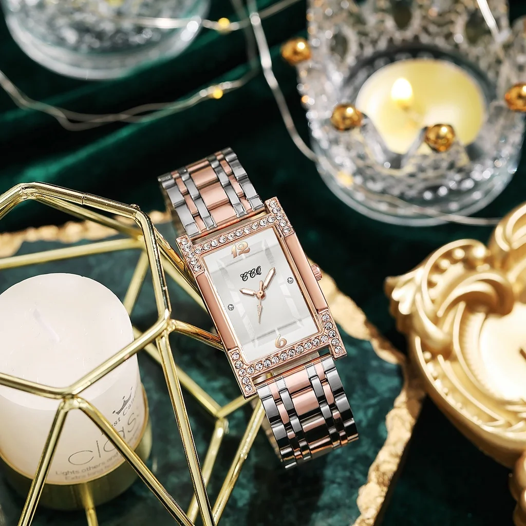 Fashion Rhinestone Women Watches Rectangle Stainless Steel Band Quartz Wrist Watches Relogio Feminino Montre Femme