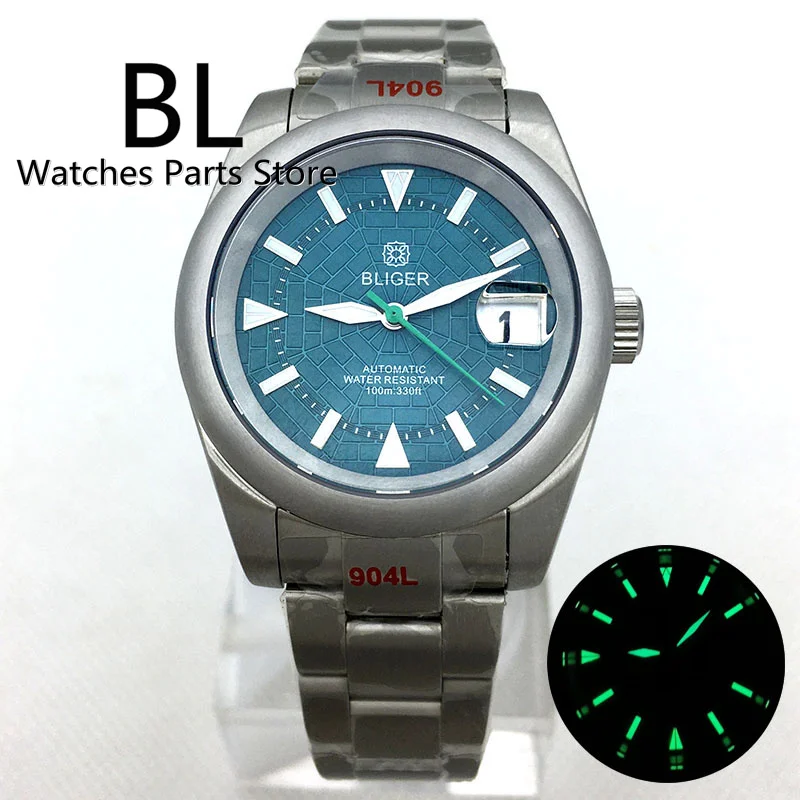 BLIGER 36mm/39mm NH35A Automatic Men's Watch Blue Araneose Webbed Dial Green Luminous Brushed Bezel Oyster/Jubilee Bracelet Date