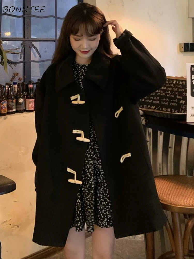 

Blends Women Campus Popular Solid Warm All-match Daily Winter Vintage Simple Ulzzang Horn Button Leisure Faddish Designed Cozy