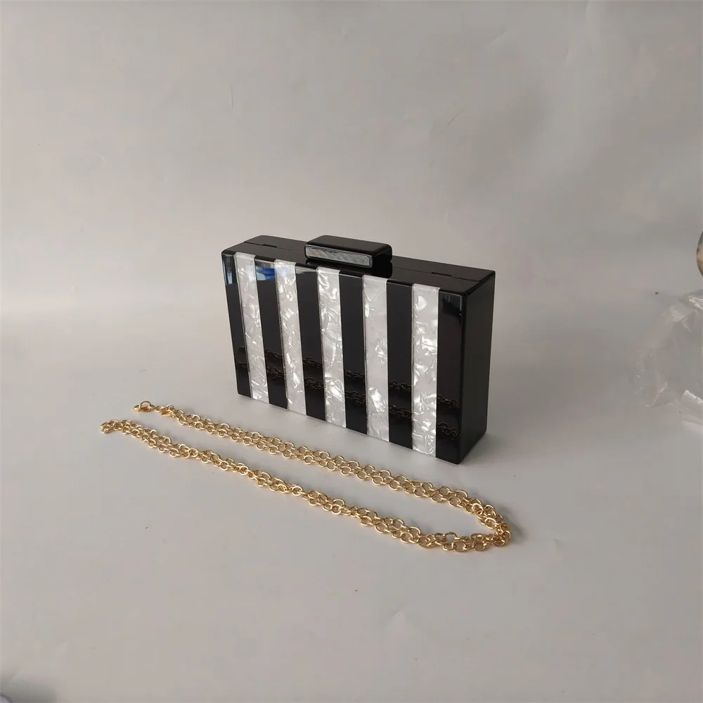 White Marble With Solid Black Striped Acrylic Box Clutches Beaded Handle Pro Cheapest Women Evening Mini Flap Wallet Hand Bags