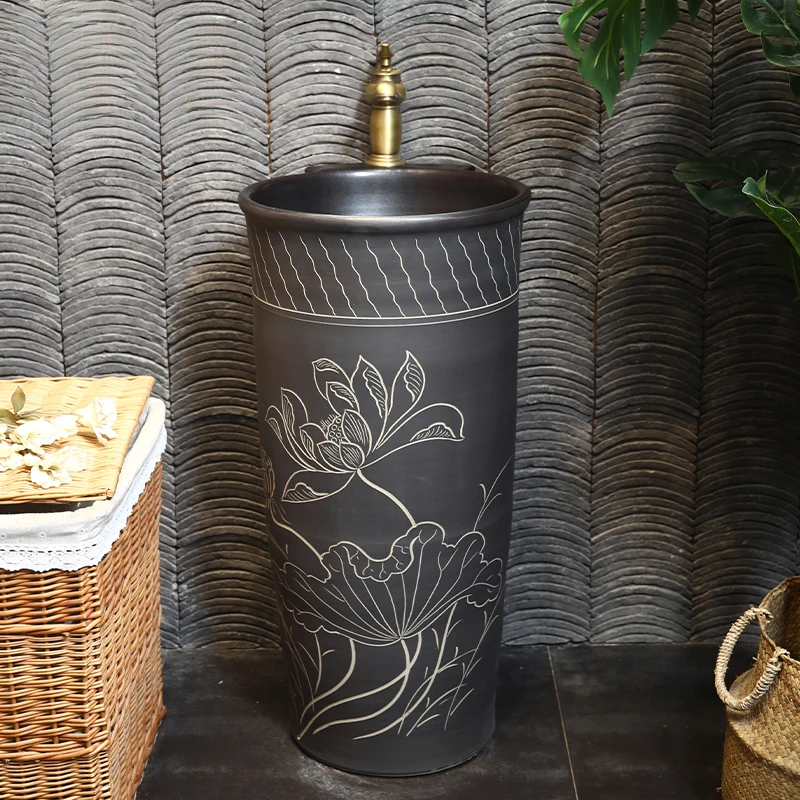 Retro floor standing washbasin, ceramic washbasin, integrated column basin, small unit balcony, Chinese courtyard sink basin