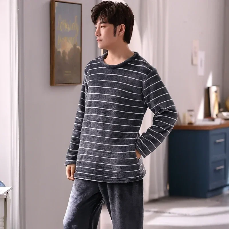 2023 Winter Long Sleeve Thick Warm Flannel Pajama Sets for Men Korean Loose Coral Velvet Sleepwear Pyjama Homewear Home Clothes