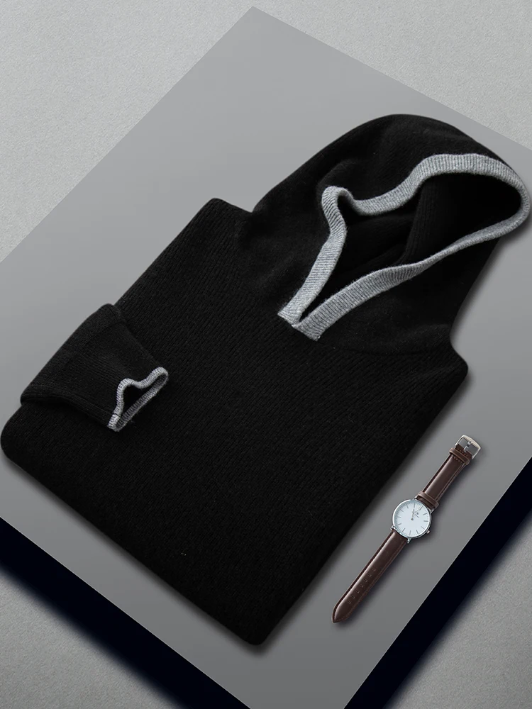 CHICUU Men's 100% Cashmere Sweater Hooded Pullover Autumn Winter Casual Style Clothing Soft Warm Cashmere Knitwear Tops 3