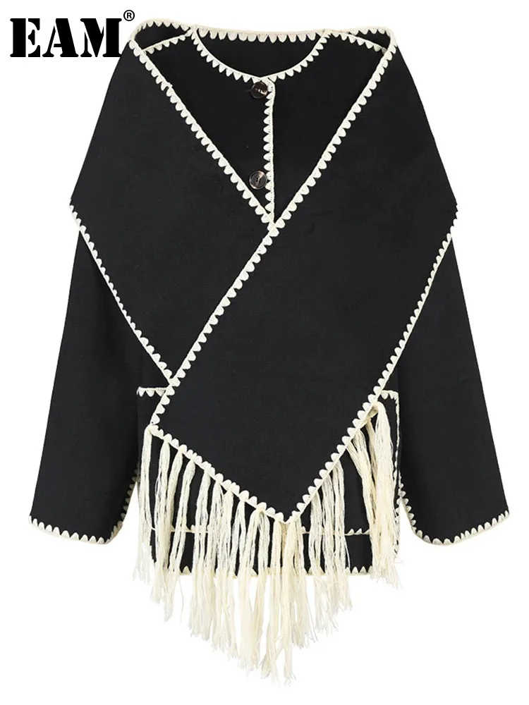 

[EAM] Black Tassels With Scarf Big Size Woolen Coat New O-neck Long Sleeve Women Jacket Fashion Tide Autumn Winter 2024 10AB2875