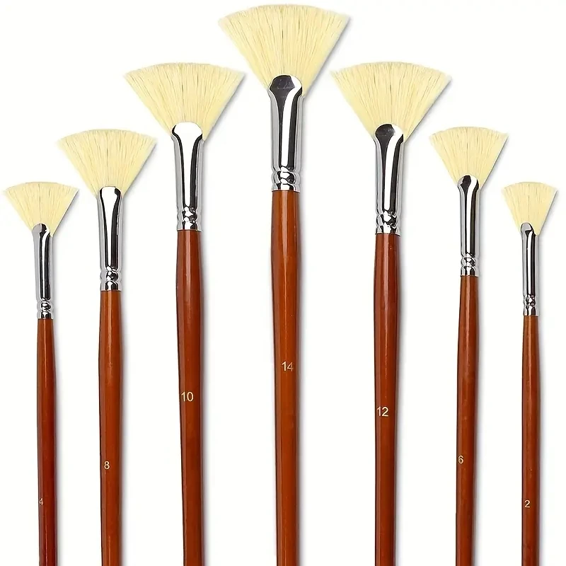 7/14 stücke Fan Künstler Borsten Pinsel Set Natürliche Schweineborsten Haar Anti-Shedding Pinsel Tipps Lange Holzgriff für Acryl – Detail 1