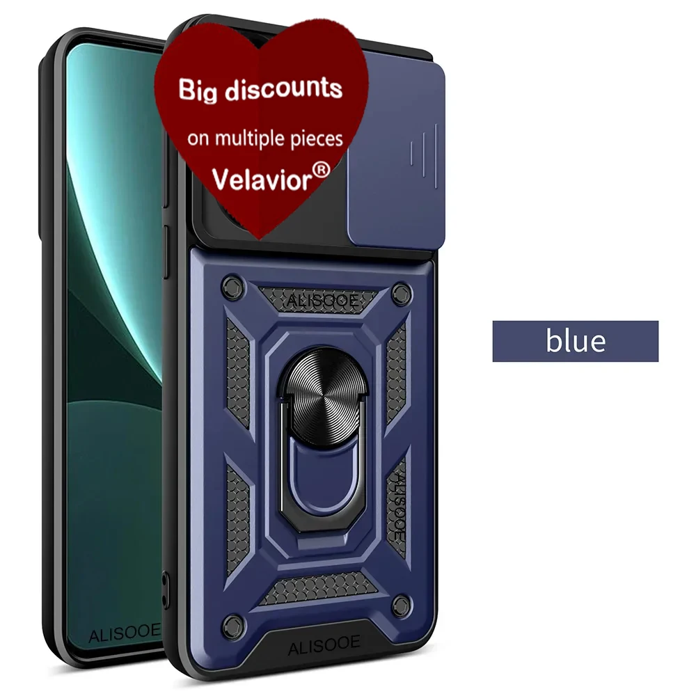 Durable Phone Case with Slide Lens Cover, Rotating Ring, and Shockproof Stand Holder