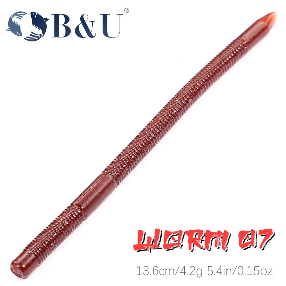 B&U 8 Stück Regenwurm-Weichköder, langsam sinkend, 136 mm, 4,2 g, künstliche Angelköder, Bass, Flatfish, Würmer, Angeln, weiche Köder