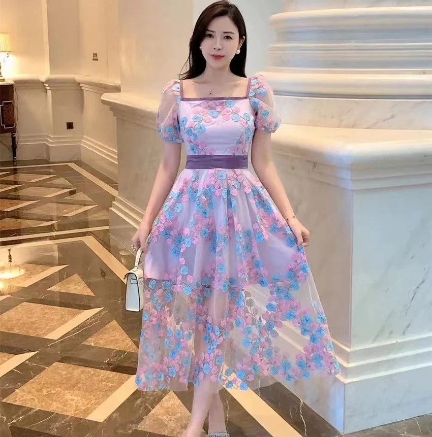 

Luxury Vintage Purple Mesh Women's Dress Bodycon Embroidery Flower Square Collar Clothing Vintage Puff Sleeve Lace Party Vestido